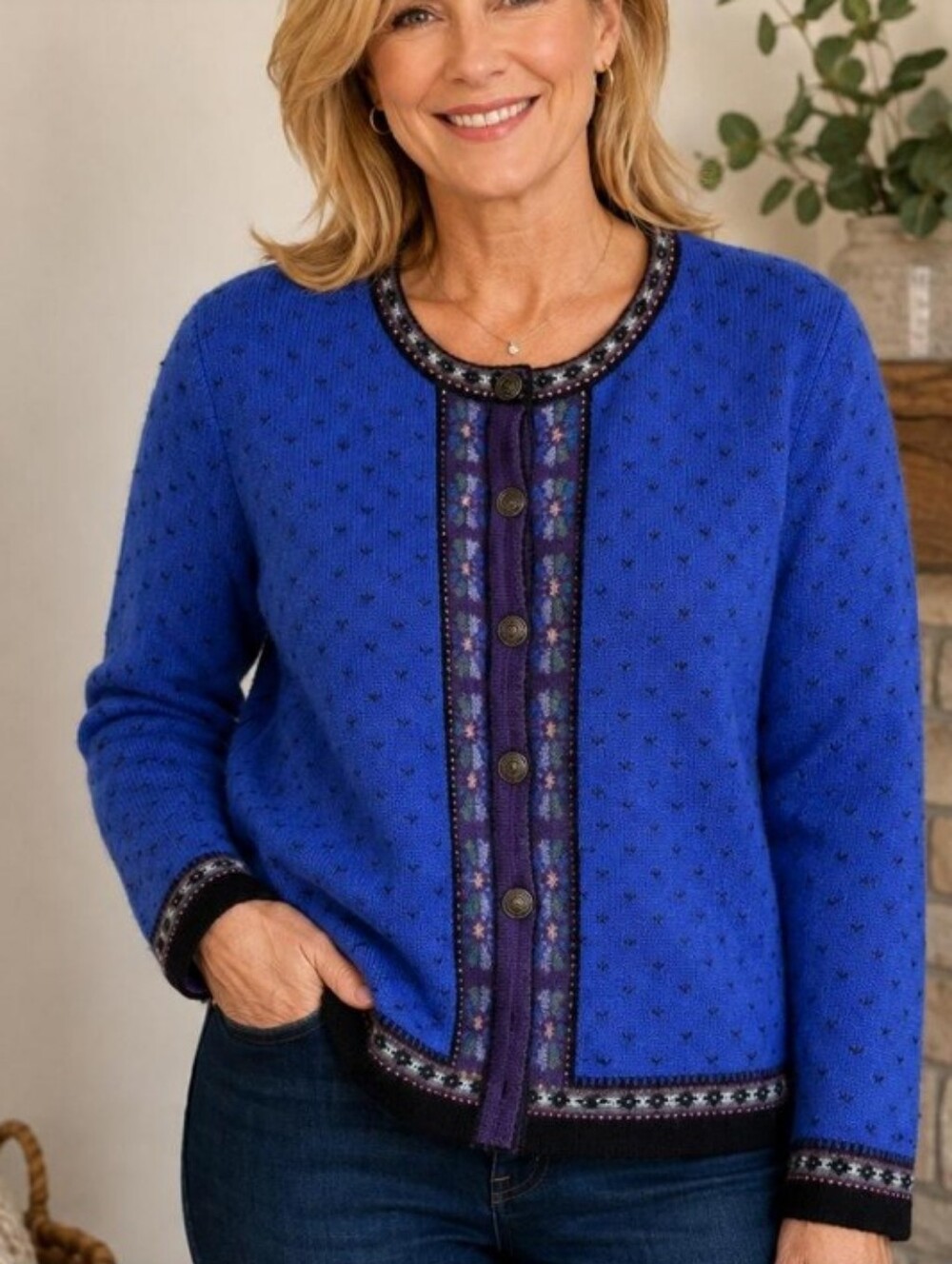 Vintage Tally Ho Sz Small Royal Blue Decorative-Trim Nordic Boiled Wool Sweater
